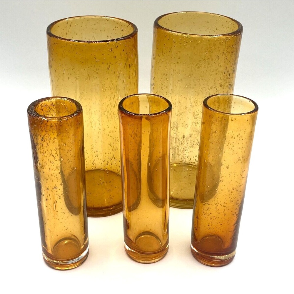 Mexico Handblown Bubble Glass Amber Beer and shot glass set of 5 48oz
